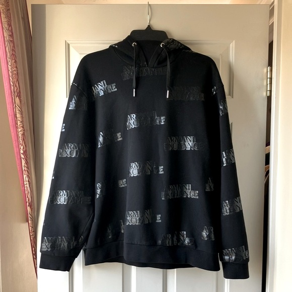 Armani Exchange Branded Hoodie Cotton Blend Long Sleeve Black Size M